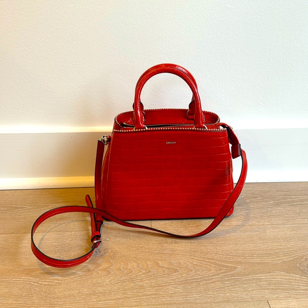 DKNY red leather satchel bag